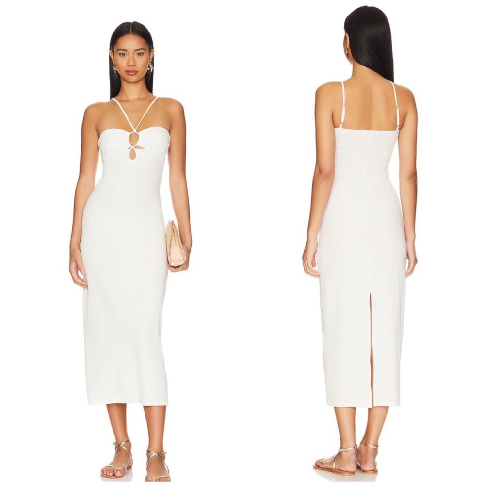 L*Space Ellery White Ribbed Front Cutout Midi Dress Halter Neck Medium